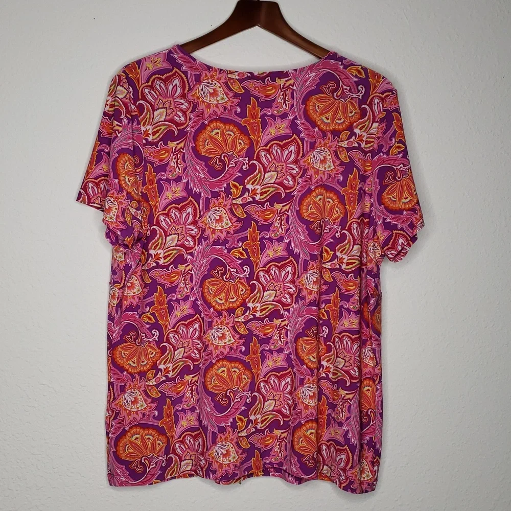 Chaps Floral Paisley Liquid Knit Babydoll Blouse Size 2X Plus Size Bohemian